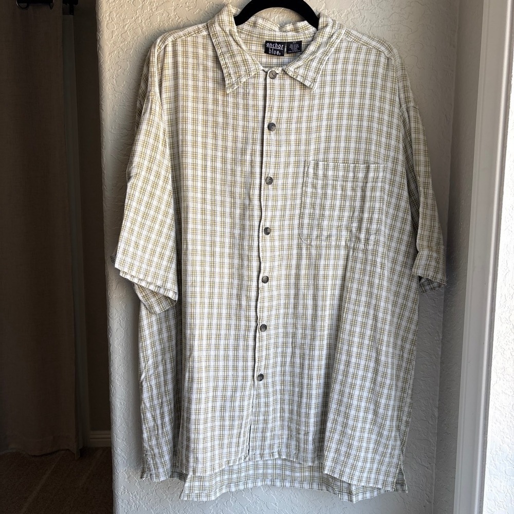 Anchor Blue Y2K Mens XXL Button Up Shirt Plaid Green Short Sleeve Cotton Casual